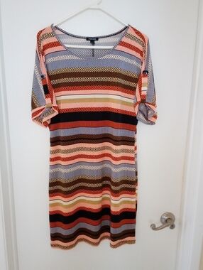 FlOREVER Striped Midi Dress in Orange,Brown,Cream&Black. No Blues 🔵 On Dress*